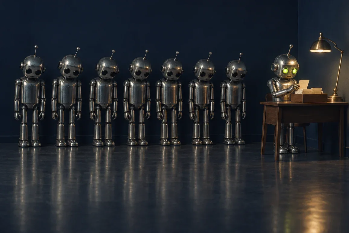Retro-Szene: Sieben abgeschaltete Chrom-Roboter stehen in einer Reihe an einer dunklen Bürowand. Nur der letzte ist eingeschaltet und sortiert unter einer Messinglampe Karteikarten.
