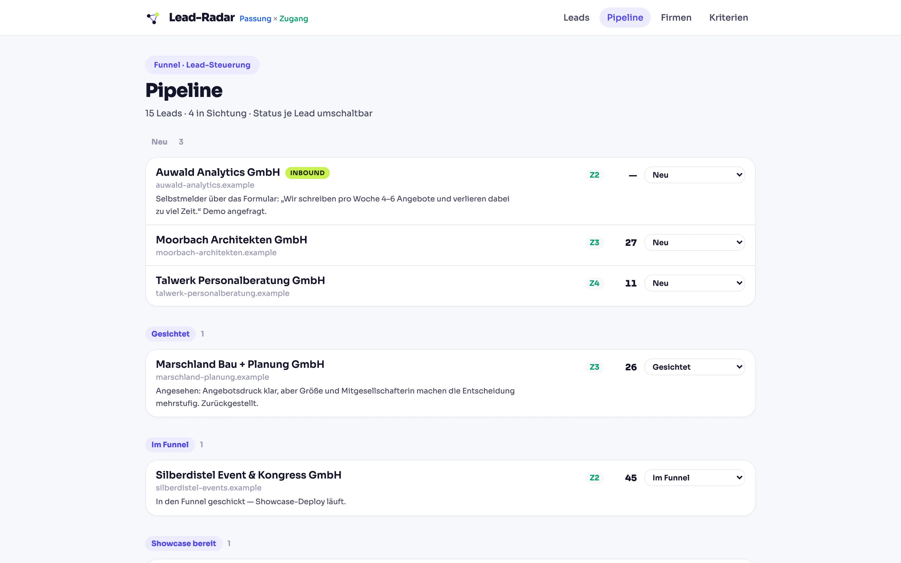 Ansicht „Pipeline“: der Funnel über alle Stati von „Neu“ über „Angesprochen“ und „Im Funnel“ bis „Gewonnen“ und „Verworfen“, je mit den enthaltenen erfundenen Firmen.