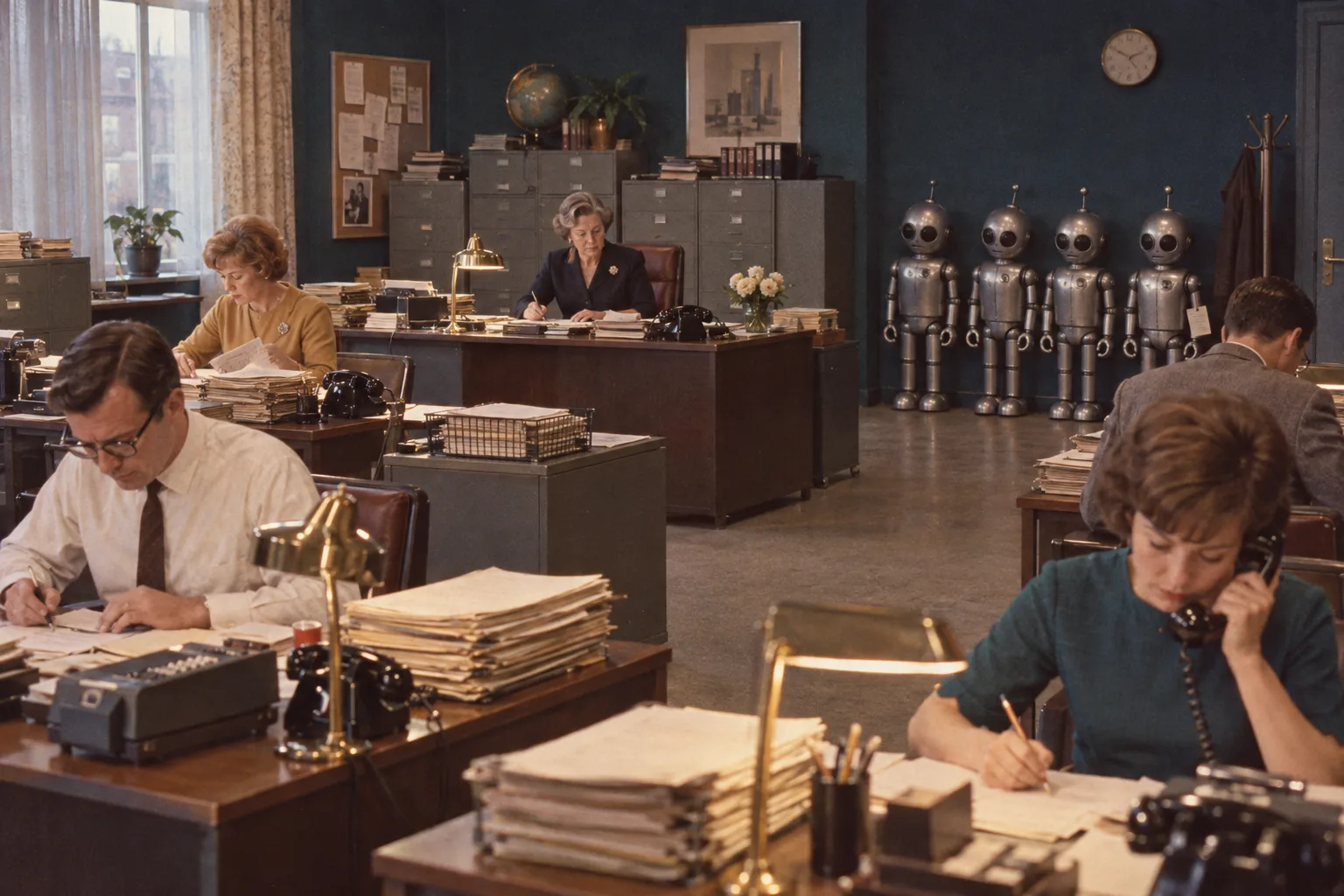 Retro-Büro der 1960er: Ein Team arbeitet an Schreibtischen mit Papierstapeln und Telefonen, auch die Geschäftsführerin. An der Wand stehen vier abgeschaltete Roboter, einer noch mit Lieferzettel.