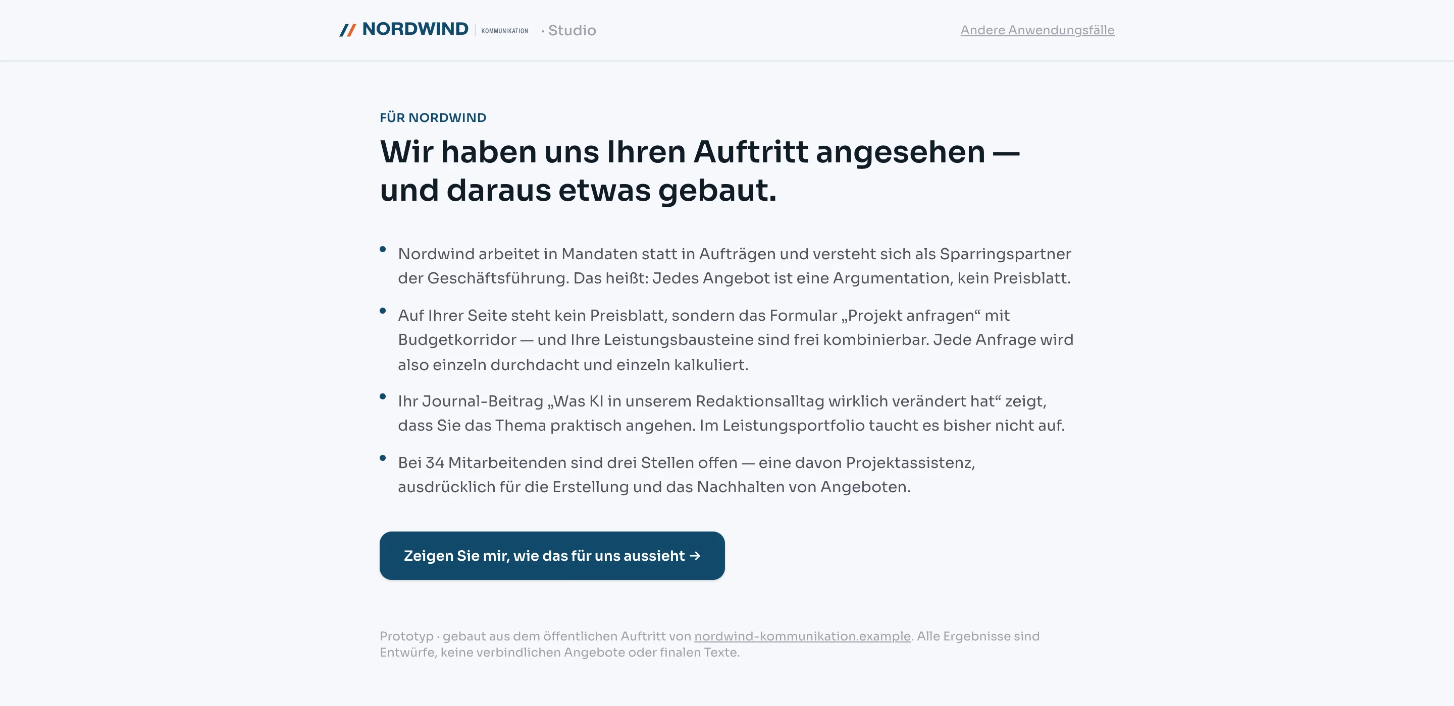 Erster Bildschirm eines Angebots-Studios: Kopfzeile mit dem Logo der erfundenen Agentur Nordwind Kommunikation, Überschrift „Wir haben uns Ihren Auftritt angesehen — und daraus etwas gebaut“, darunter vier Beobachtungen zum Haus und ein Knopf „Zeigen Sie mir, wie das für uns aussieht“.